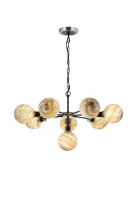 Jestero 84cm Pendant, 8 Light E14 With 15cm Round Light Grey Marble Effect Glass Shade, Satin Nickel & Satin Black Framework