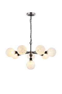 Jestero 84cm Pendant, 8 Light E14 With 15cm Round Speckled Glass Shade, Satin Nickel, White & Satin Black
