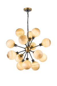 Jestero 78cm Pendant, 14 Light E14 With 15cm Round Dark Beige Marble Effect Glass Shade, Brass & Satin Black Framework
