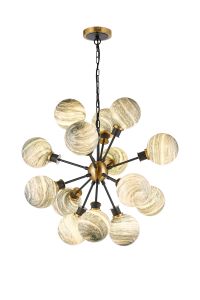 Jestero 78cm Pendant, 14 Light E14 With 15cm Round Dark Green Marble Effect Glass Shade, Brass & Satin Black Framework
