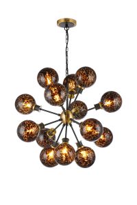 Jestero 78cm Pendant, 14 Light E14 With 15cm Round Brown & Amber Tortoise Shell Glass Shade, Brass & Satin Black