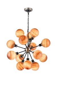 Jestero 78cm Pendant, 14 Light E14 With 15cm Round Dark Pink Marble Effect Glass Shade, Satin Nickel & Satin Black Framework