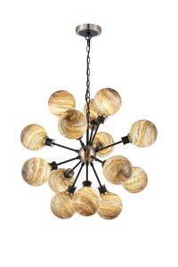 Jestero 78cm Pendant, 14 Light E14 With 15cm Round Light Grey Marble Effect Glass Shade, Satin Nickel & Satin Black Framework