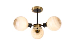 Jestero 53cm Semi Ceiling, 3 Light E14 With 15cm Round Dark Beige Marble Effect Glass Shade, Brass & Satin Black Framework