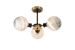 Jestero 53cm Semi Ceiling, 3 Light E14 With 15cm Round Dark Green Marble Effect Glass Shade, Brass & Satin Black Framework