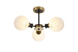 Jestero 53cm Semi Ceiling, 3 Light E14 With 15cm Round Speckled Glass Shade, Brass, White & Satin Black