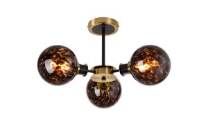 Jestero 53cm Semi Ceiling, 3 Light E14 With 15cm Round Brown & Amber Tortoise Shell Glass Shade, Brass & Satin Black