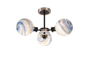 Jestero 53cm Semi Ceiling, 3 Light E14 With 15cm Round Dark Blue Marble Effect Glass Shade, Satin Nickel & Satin Black Framework