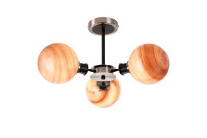 Jestero 53cm Semi Ceiling, 3 Light E14 With 15cm Round Dark Pink Marble Effect Glass Shade, Satin Nickel & Satin Black Framework
