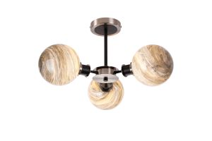 Jestero 53cm Semi Ceiling, 3 Light E14 With 15cm Round Light Grey Marble Effect Glass Shade, Satin Nickel & Satin Black Framework