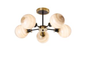 Jestero 52cm Semi Ceiling, 5 Light E14 With 15cm Round Dark Beige Marble Effect Glass Shade, Brass & Satin Black Framework