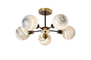 Jestero 52cm Semi Ceiling, 5 Light E14 With 15cm Round Dark Green Marble Effect Glass Shade, Brass & Satin Black Framework