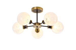 Jestero 52cm Semi Ceiling, 5 Light E14 With 15cm Round Speckled Glass Shade, Brass, White & Satin Black