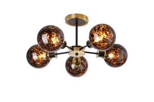 Jestero 52cm Semi Ceiling, 5 Light E14 With 15cm Round Brown & Amber Tortoise Shell Glass Shade, Brass & Satin Black