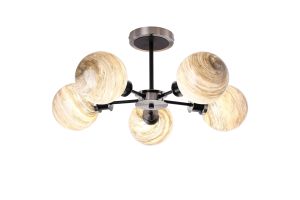 Jestero 52cm Semi Ceiling, 5 Light E14 With 15cm Round Light Grey Marble Effect Glass Shade, Satin Nickel & Satin Black Framework