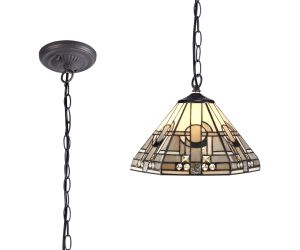 Kiddily 1 Light Downlighter Pendant E27 With 30cm Tiffany Shade, White/Grey/Black/Clear Crystal/Aged Antique Brass