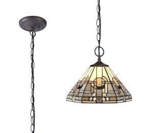 Kiddily 2 Light Downlighter Pendant E27 With 30cm Tiffany Shade, White/Grey/Black/Clear Crystal/Aged Antique Brass