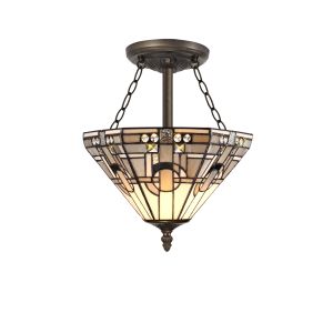 Kiddily 3 Light E27 Semi Flush With Tiffany Shade 30cm Shade, White/Grey/Black/Clear Crystal/Aged Antique Brass