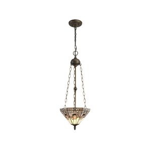 Kiddily 3 Light Uplighter Pendant E27 With 30cm Tiffany Shade, White/Grey/Black/Clear Crystal/Aged Antique Brass