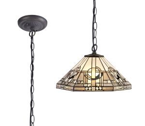 Kiddily 1 Light Downlighter Pendant E27 With 40cm Tiffany Shade, White/Grey/Black/Clear Crystal/Aged Antique Brass