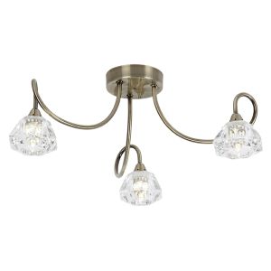Endon KINGSLEY-3AB 3 Light Ceiling Fitting In Antique Brass With Glass Shades 3 Light