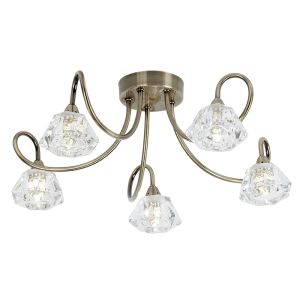 Endon KINGSLEY-5AB 5 Light Ceiling Fitting In Antique Brass With Glass Shades 5 Light In Brass