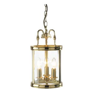Lambeth 3 Light E14 Polished Brass Adjustable Dual Mount Lantern Pendant With Clear Curved Glass Panels
