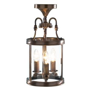 Lambeth 3 Light E14 Antique Brass Adjustable Dual Mount Lantern Pendant With Clear Curved Glass Panels
