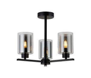 Lancer 40cm Upward Multi Arm Semi Ceiling, 3 x E14, Black/Smoke/Clear Glass
