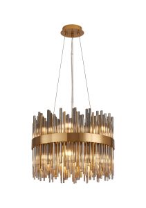Cucine 40cm Glass Rod Pendant Round, 12 Light G9, Brass/Smoke