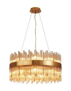 Cucine 60cm Glass Rod Pendant Round, 18 Light G9, Brass/Cognac Item Weight: 19kg