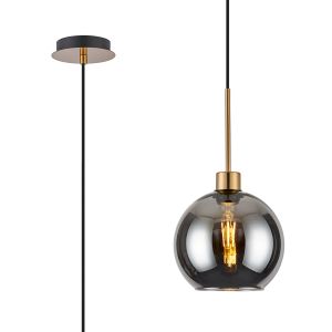 Lori 1.7m Single Pendant, 1 Light Adjustable E27, Antique Gold/Smoke Open Mouth Round Globe Shades