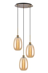 Lori 40cm Round Pendant, 3 Light Adjustable E27, Antique Gold/Amber Slim Curved Trapezium Shades