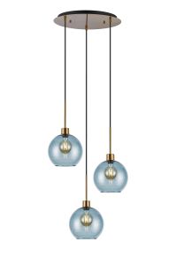 (KOOMS) Lori 40cm Round Pendant, 3 Light Adjustable E27, Antique Gold/Blue Open Mouth Round Globe Shades