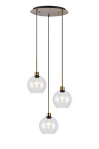 (KOOMS) Lori 40cm Round Pendant, 3 Light Adjustable E27, Antique Gold/Clear Open Mouth Round Globe Shades