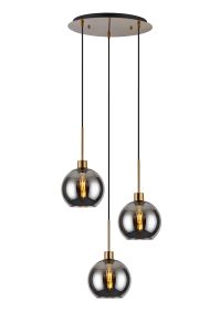 Lori 40cm Round Pendant, 3 Light Adjustable E27, Antique Gold/Smoke Open Mouth Round Globe Shades