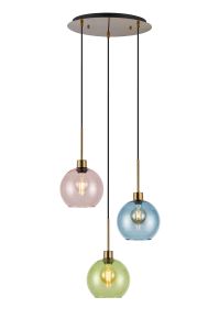 (KOOMS) Lori 40cm Round Pendant, 3 Light Adjustable E27, Antique Gold/Blue/Green/Pink Open Mouth Round Globe Shades