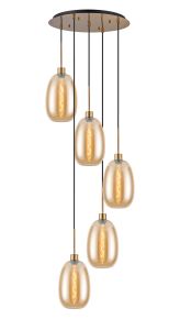 Lori 45cm Round Pendant, 5 Light Adjustable E27, Antique Gold/Amber Slim Curved Trapezium Shades