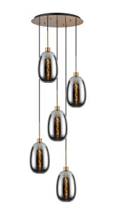 Lori 45cm Round Pendant, 5 Light Adjustable E27, Antique Gold/Chrome Slim Curved Trapezium Shades
