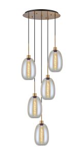Lori 45cm Round Pendant, 5 Light Adjustable E27, Antique Gold/Iridescent Slim Curved Trapezium Shades