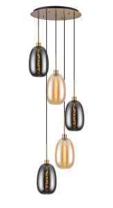 Lori 45cm Round Pendant, 5 Light Adjustable E27, Antique Gold/Amber/Smoke Slim Curved Trapezium Shades