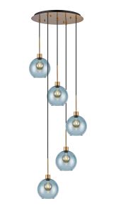 (KOOMS) Lori 45cm Round Pendant, 5 Light Adjustable E27, Antique Gold/Blue Open Mouth Round Globe Shades