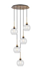 (KOOMS) Lori 45cm Round Pendant, 5 Light Adjustable E27, Antique Gold/Clear Open Mouth Round Globe Shades