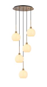 (KOOMS) Lori 45cm Round Pendant, 5 Light Adjustable E27, Antique Gold/Opal Open Mouth Round Globe Shades