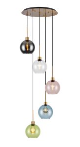 (KOOMS) Lori 45cm Round Pendant, 5 Light Adjustable E27, Antique Gold/Blue/Clear/Green/Pink/Smoke Open Mouth Round Globe Shades