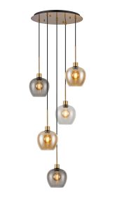 Lori 45cm Round Pendant, 5 Light Adjustable E27, Antique Gold/Amber/Clear/Smoke Wine Shades