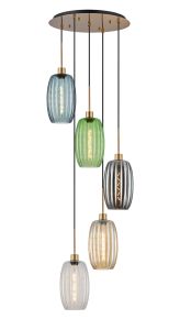(KOOMS) Lori 45cm Round Pendant, 5 Light Adjustable E27, Antique Gold/Petrol Blue/Champagne/Clear/Green/Smoke Ribbed Tubular Shades