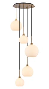 (KOOMS) Lori 45cm Round Pendant, 5 Light Adjustable E27, Antique Gold/Opal Open Mouth Round Globe Shades