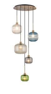 Lori 51cm Round Pendant, 5 Light Adjustable E27, Antique Gold/Green/Petrol Blue/Champagne/Clear/Smoked Pumpkin Ribbed Shades