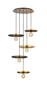 (KOOMS) Lori 45cm Round Pendant, 5 Light Adjustable E27, Antique Gold/Champagne Gold/Black Pleated Disc Metal Shades